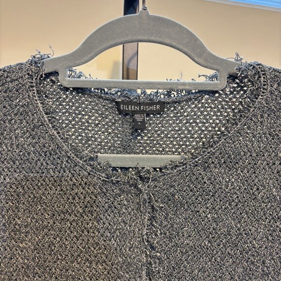 Eileen Fisher Linen Cotton Knit Snap Front Long Sleeve Fringe Cardigan Gray - Picture 3 of 8